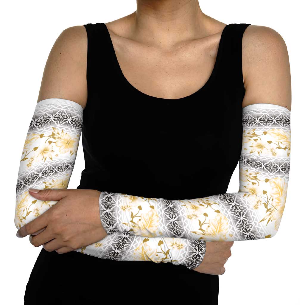 Samoa White Sunday Arm Sleeves Samoan Tapa Yellow Hibiscus - Polynesian Pride