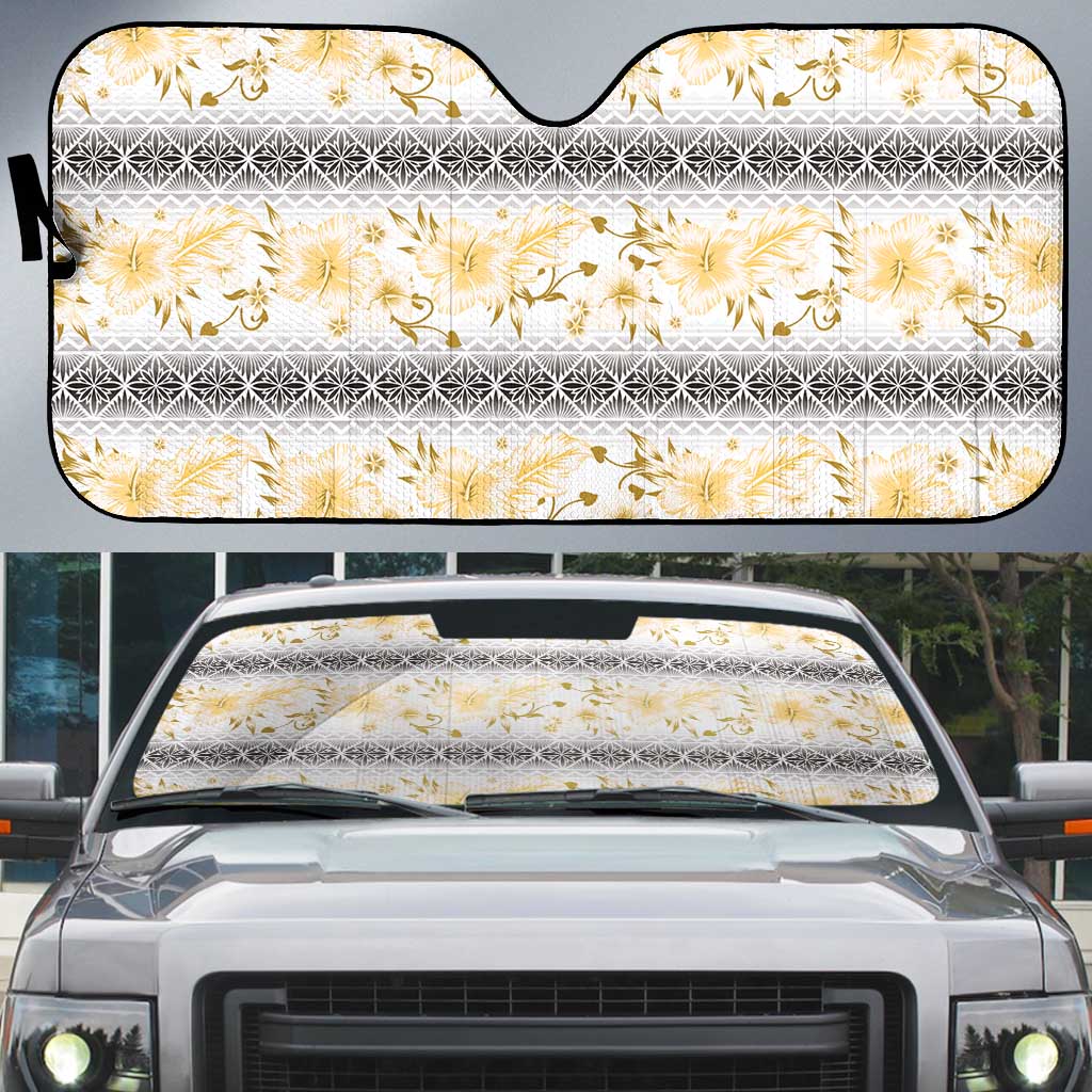 Samoa White Sunday Auto Sun Shade Samoan Tapa Yellow Hibiscus - Polynesian Pride