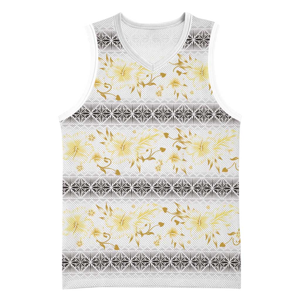 Samoa White Sunday Basketball Jersey Samoan Tapa Yellow Hibiscus LT05 Unisex Yellow - Polynesian Pride