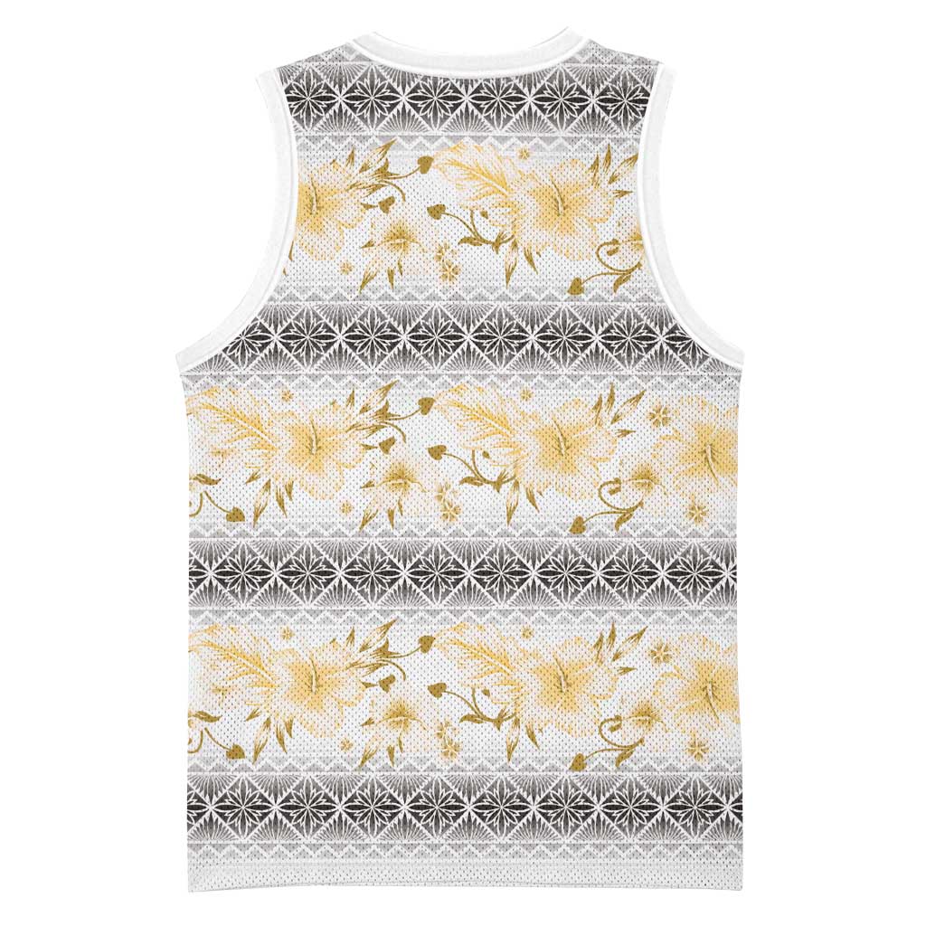 Samoa White Sunday Basketball Jersey Samoan Tapa Yellow Hibiscus LT05 - Polynesian Pride