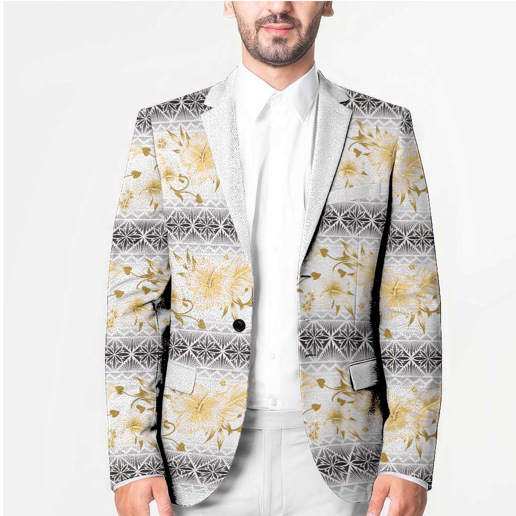 Samoa White Sunday Blazer Samoan Tapa Yellow Hibiscus LT05 - Polynesian Pride