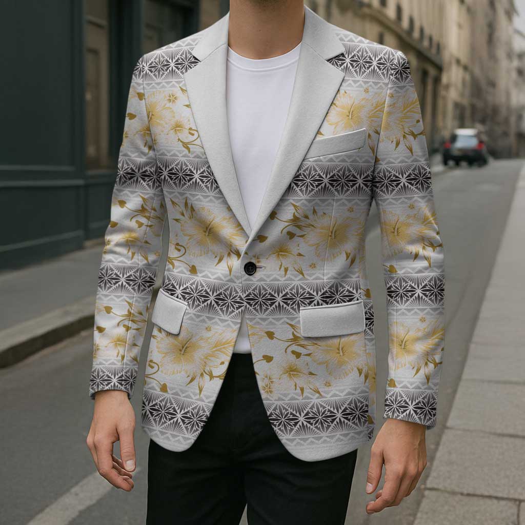 Samoa White Sunday Blazer Samoan Tapa Yellow Hibiscus LT05 - Polynesian Pride