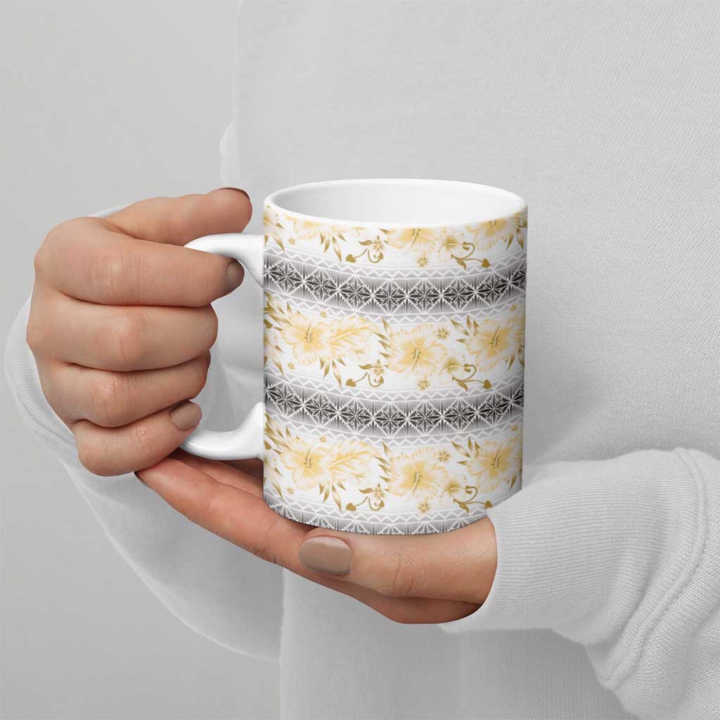Samoa White Sunday Ceramic Mug Samoan Tapa Yellow Hibiscus - Polynesian Pride