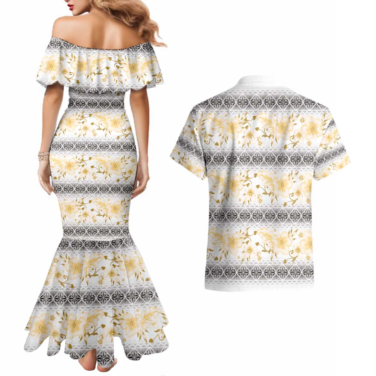 Samoa White Sunday Couples Matching Mermaid Dress and Hawaiian Shirt Samoan Tapa Yellow Hibiscus - Polynesian Pride