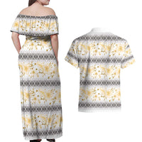 Samoa White Sunday Couples Matching Off Shoulder Maxi Dress and Hawaiian Shirt Samoan Tapa Yellow Hibiscus - Polynesian Pride