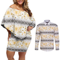 Samoa White Sunday Couples Matching Off Shoulder Short Dress and Long Sleeve Button Shirt Samoan Tapa Yellow Hibiscus - Polynesian Pride