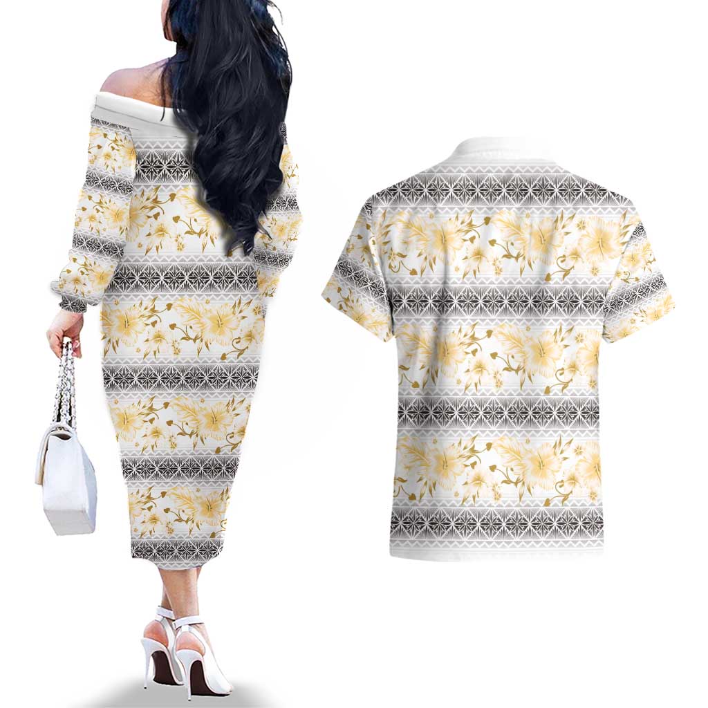 Samoa White Sunday Couples Matching Off The Shoulder Long Sleeve Dress and Hawaiian Shirt Samoan Tapa Yellow Hibiscus - Polynesian Pride