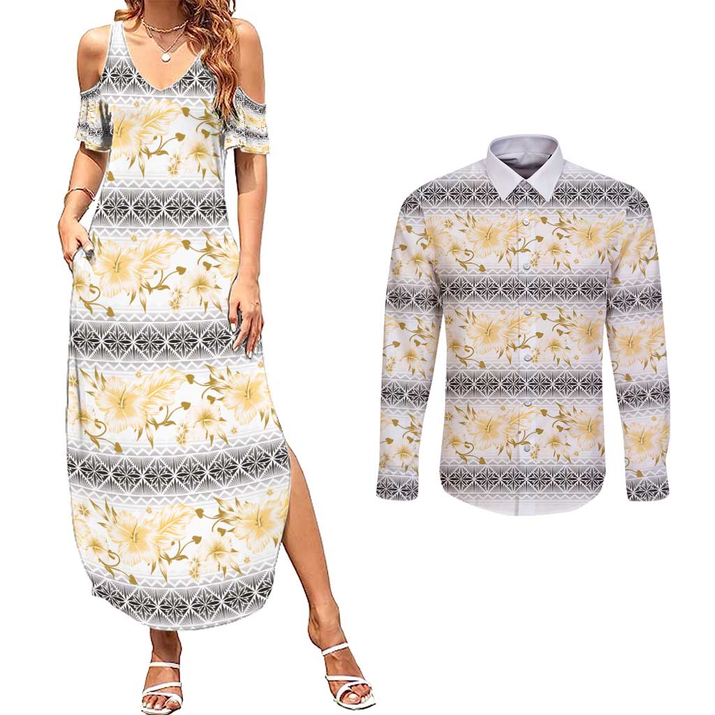 Samoa White Sunday Couples Matching Summer Maxi Dress and Long Sleeve Button Shirt Samoan Tapa Yellow Hibiscus - Polynesian Pride