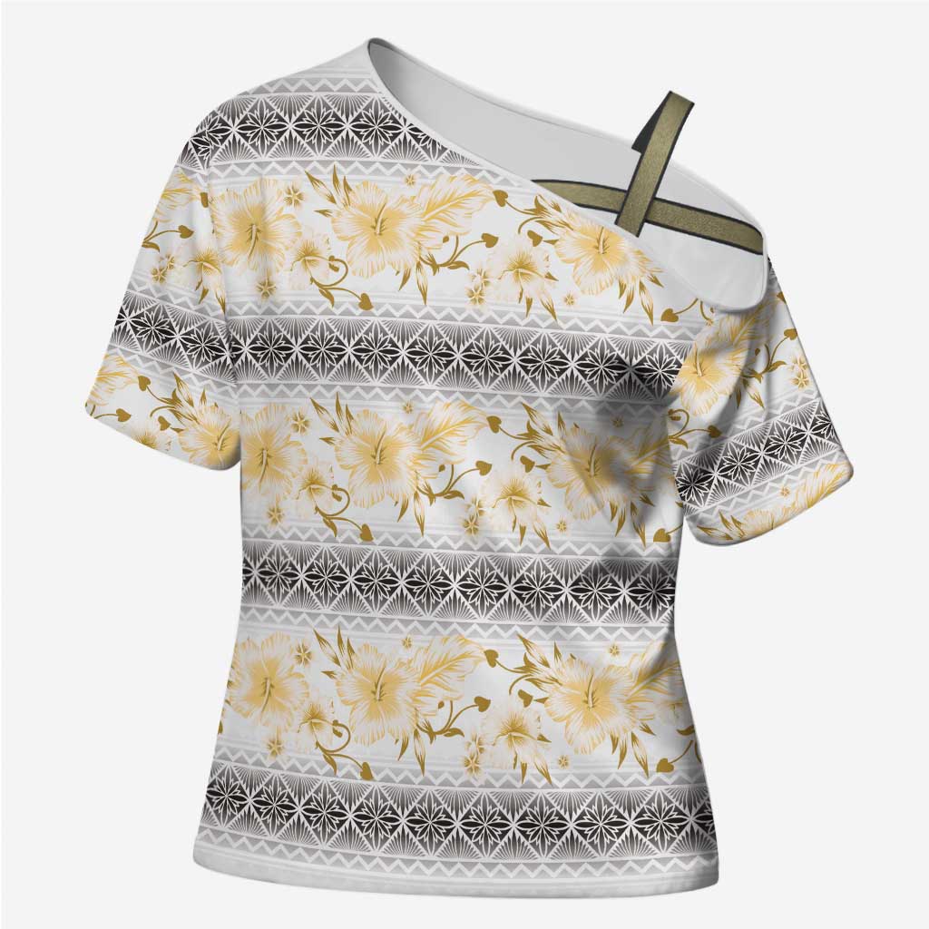 Samoa White Sunday Cross Shoulder Shirt Samoan Tapa Yellow Hibiscus LT05 Female Yellow - Polynesian Pride