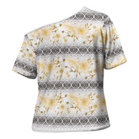 Samoa White Sunday Cross Shoulder Shirt Samoan Tapa Yellow Hibiscus LT05 - Polynesian Pride