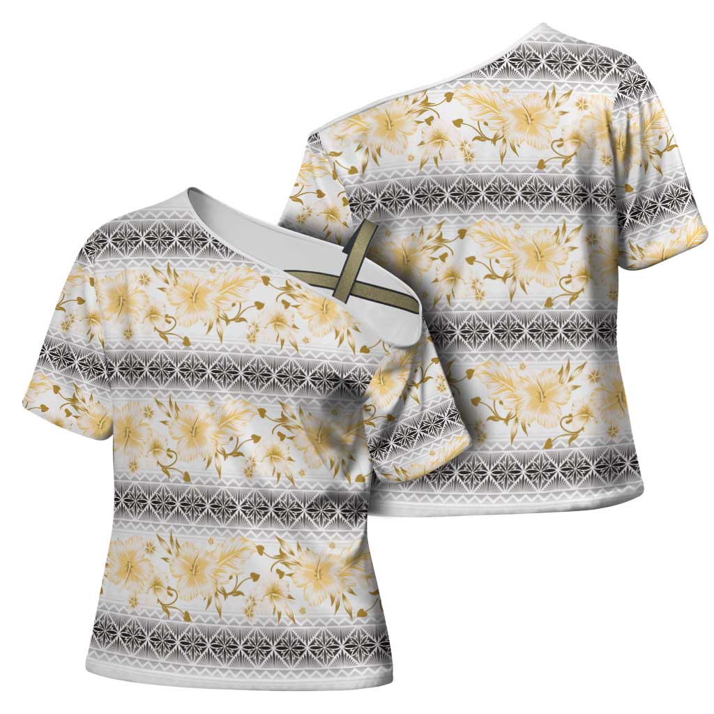 Samoa White Sunday Cross Shoulder Shirt Samoan Tapa Yellow Hibiscus LT05 - Polynesian Pride