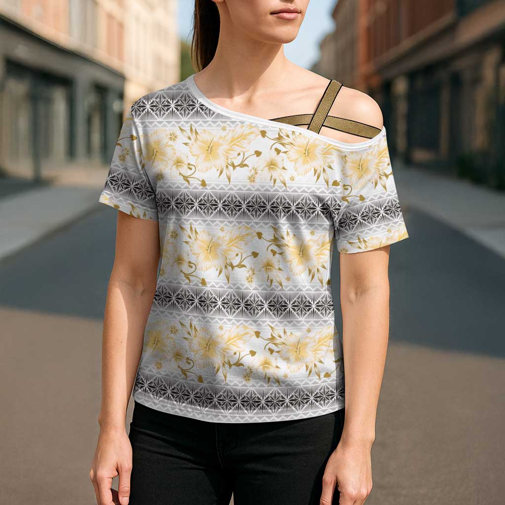 Samoa White Sunday Cross Shoulder Shirt Samoan Tapa Yellow Hibiscus LT05 - Polynesian Pride