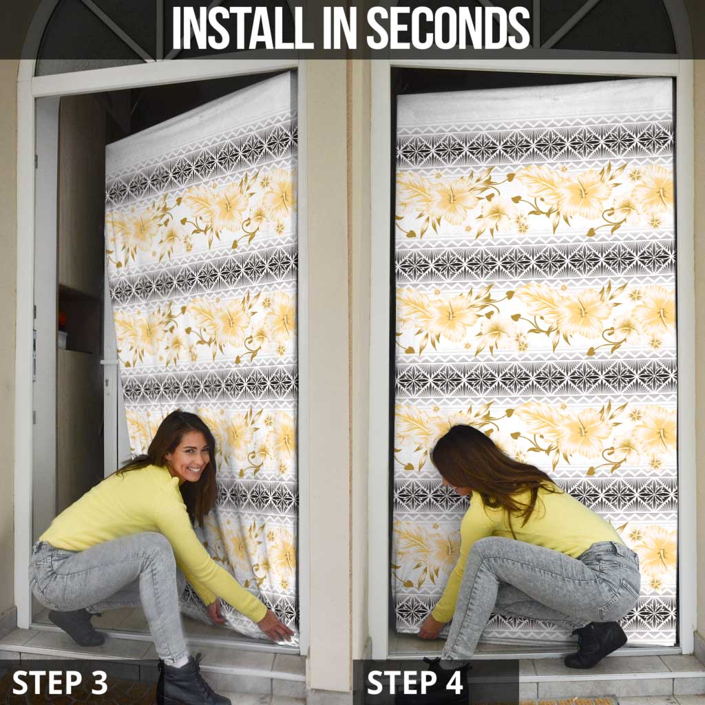 Samoa White Sunday Door Cover Samoan Tapa Yellow Hibiscus - Polynesian Pride