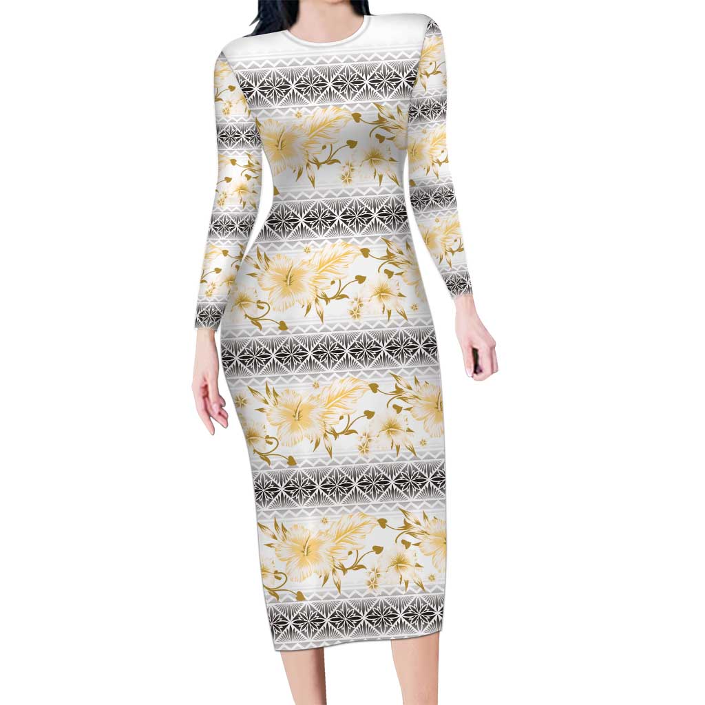 Samoa White Sunday Family Matching Long Sleeve Bodycon Dress and Hawaiian Shirt Samoan Tapa Yellow Hibiscus - Polynesian Pride