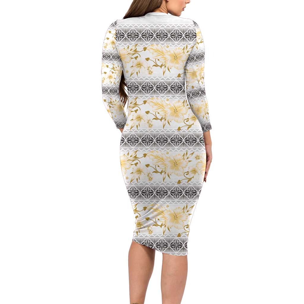 Samoa White Sunday Family Matching Long Sleeve Bodycon Dress and Hawaiian Shirt Samoan Tapa Yellow Hibiscus - Polynesian Pride