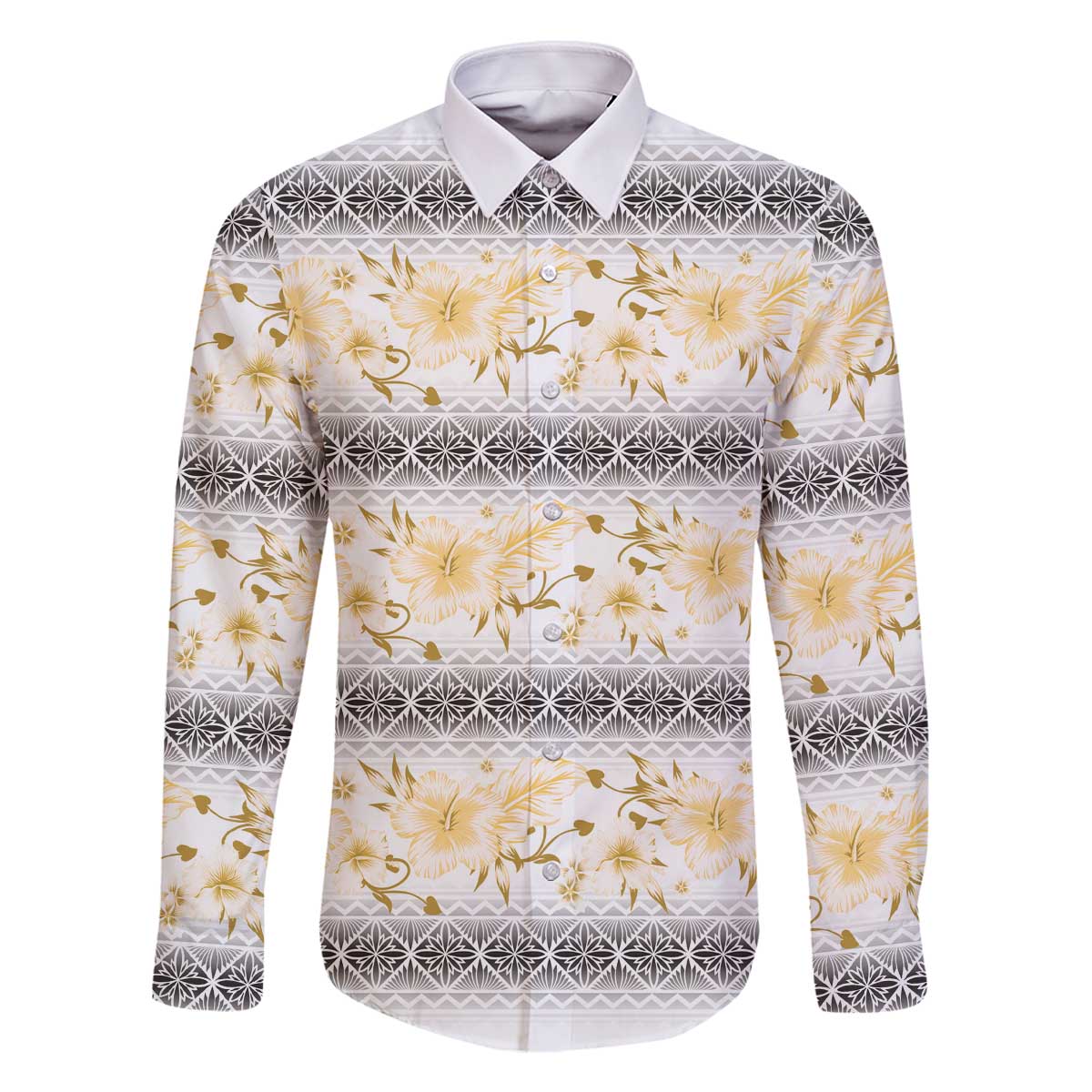 Samoa White Sunday Family Matching Off The Shoulder Long Sleeve Dress and Hawaiian Shirt Samoan Tapa Yellow Hibiscus - Polynesian Pride