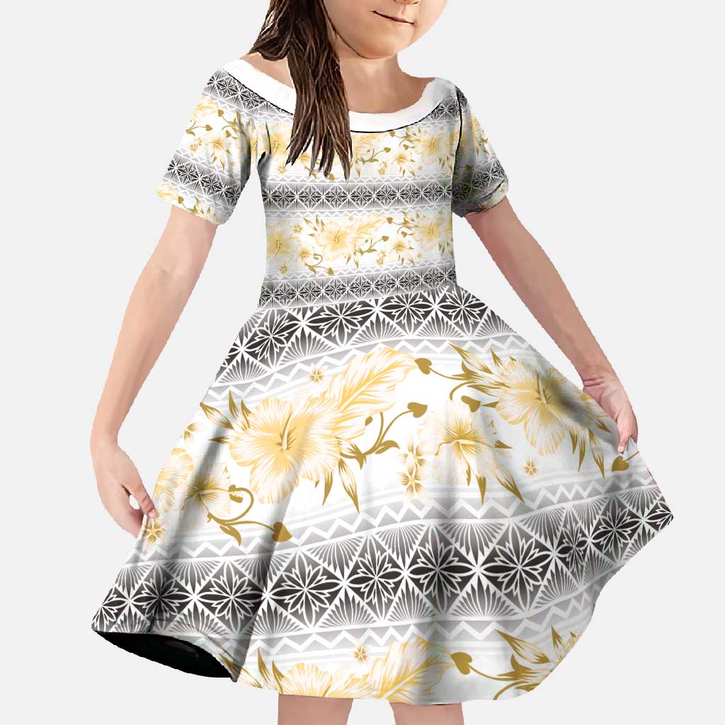 Samoa White Sunday Family Matching Off Shoulder Maxi Dress and Hawaiian Shirt Samoan Tapa Yellow Hibiscus - Polynesian Pride