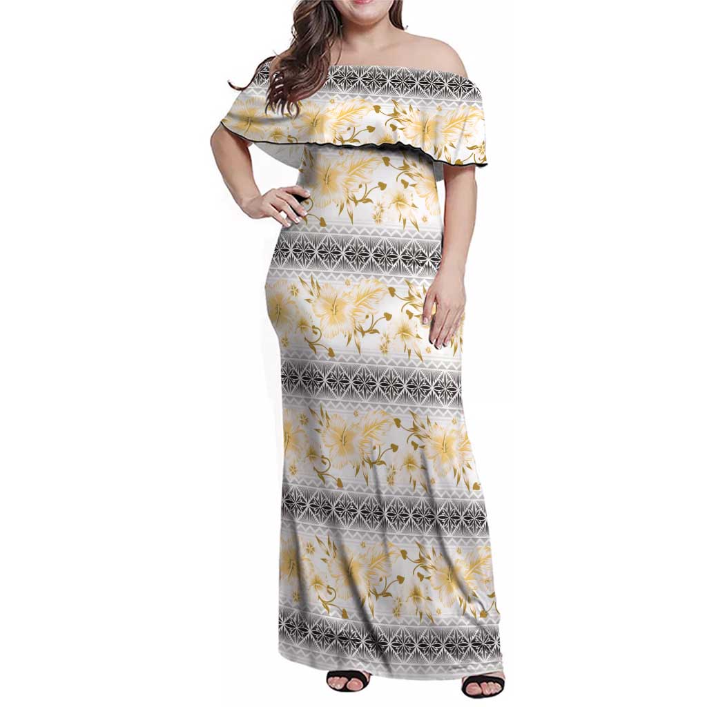 Samoa White Sunday Family Matching Off Shoulder Maxi Dress and Hawaiian Shirt Samoan Tapa Yellow Hibiscus - Polynesian Pride