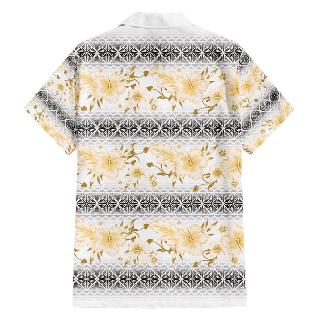 Samoa White Sunday Family Matching Off Shoulder Short Dress and Hawaiian Shirt Samoan Tapa Yellow Hibiscus - Polynesian Pride