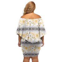 Samoa White Sunday Family Matching Off Shoulder Short Dress and Hawaiian Shirt Samoan Tapa Yellow Hibiscus - Polynesian Pride