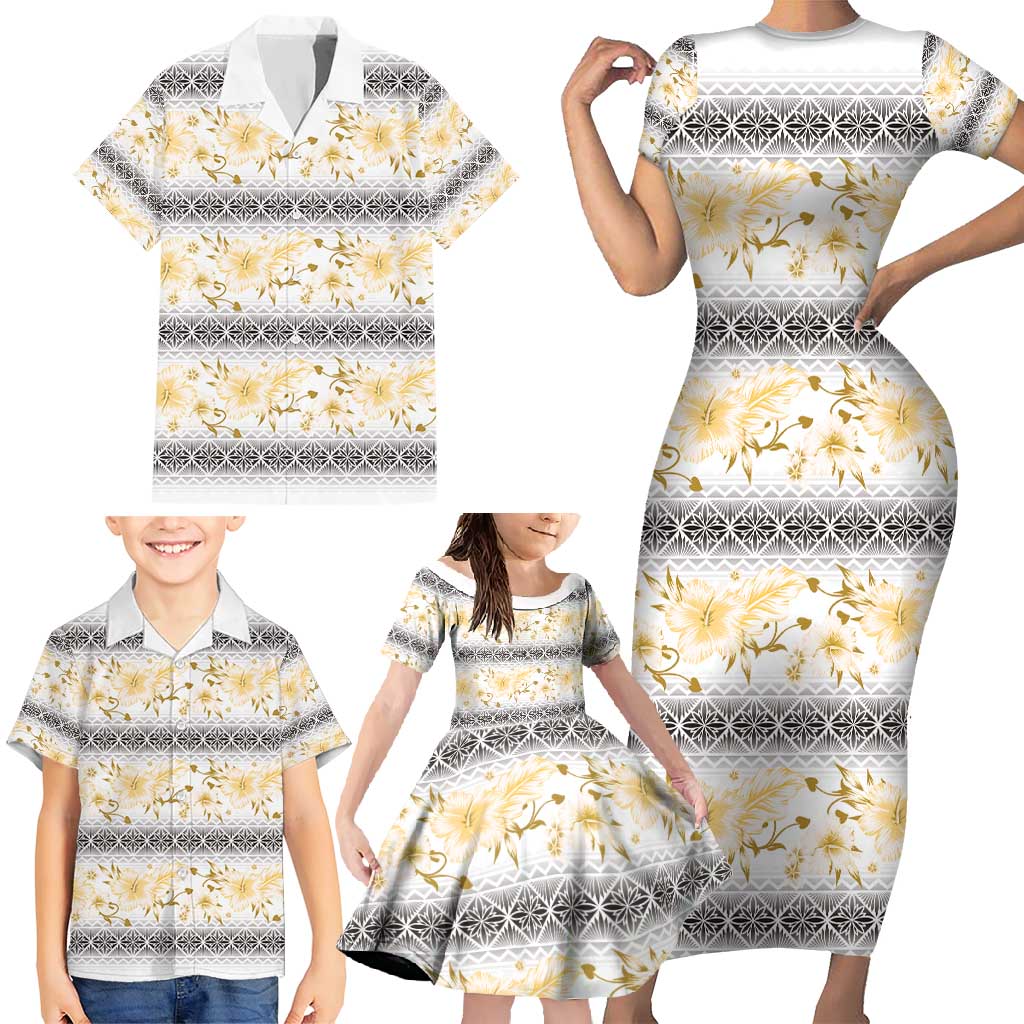 Samoa White Sunday Family Matching Short Sleeve Bodycon Dress and Hawaiian Shirt Samoan Tapa Yellow Hibiscus - Polynesian Pride
