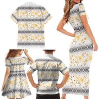 Samoa White Sunday Family Matching Short Sleeve Bodycon Dress and Hawaiian Shirt Samoan Tapa Yellow Hibiscus - Polynesian Pride