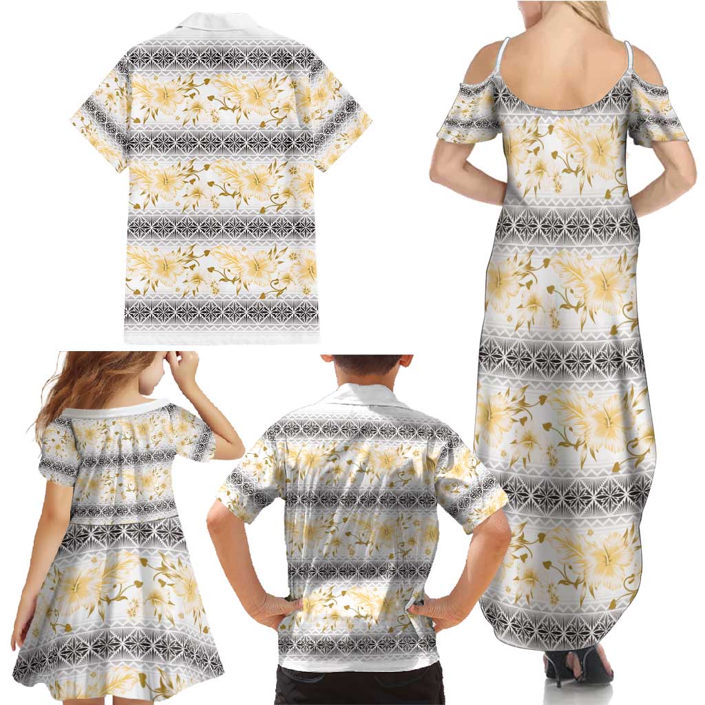 Samoa White Sunday Family Matching Summer Maxi Dress and Hawaiian Shirt Samoan Tapa Yellow Hibiscus - Polynesian Pride