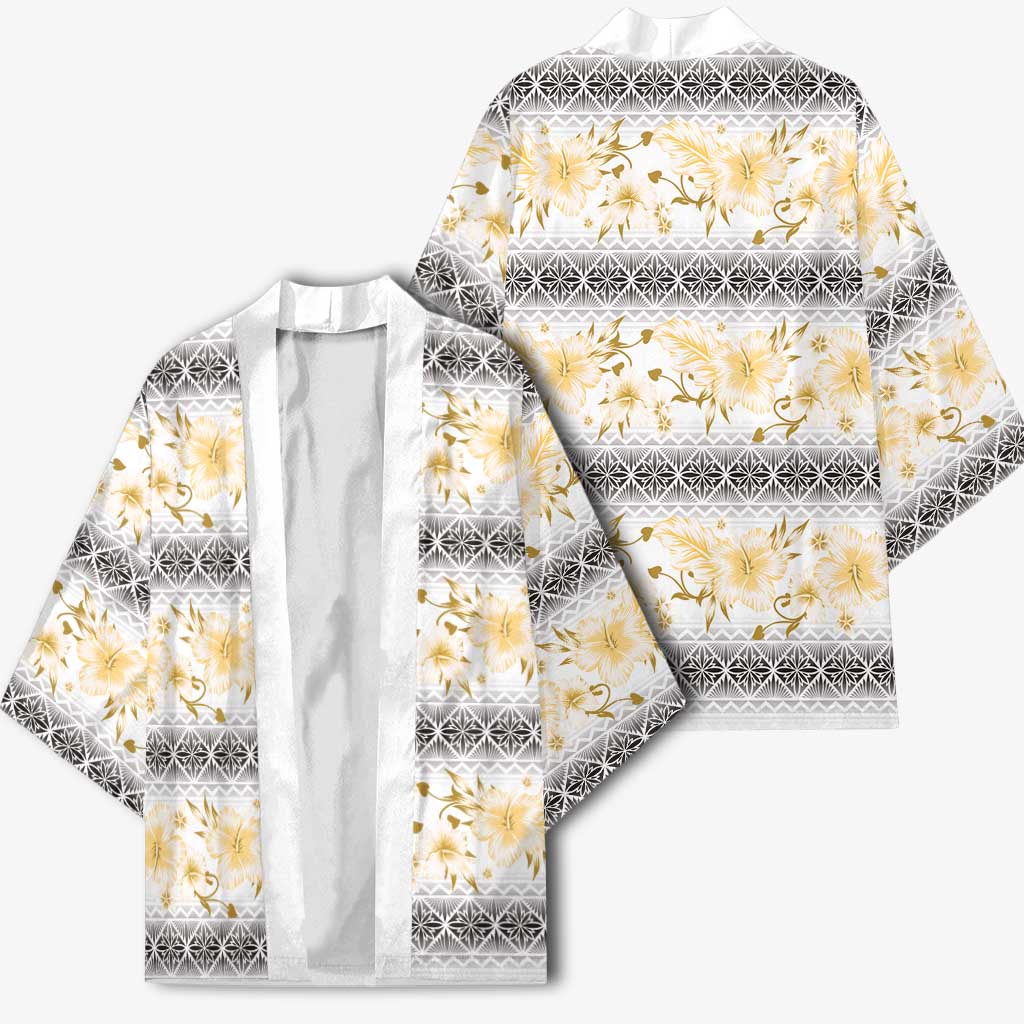 Samoa White Sunday Kimono Samoan Tapa Yellow Hibiscus - Polynesian Pride