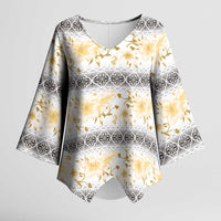 Samoa White Sunday Kimono Sleeve Blouse Samoan Tapa Yellow Hibiscus - Polynesian Pride