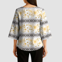 Samoa White Sunday Kimono Sleeve Blouse Samoan Tapa Yellow Hibiscus - Polynesian Pride