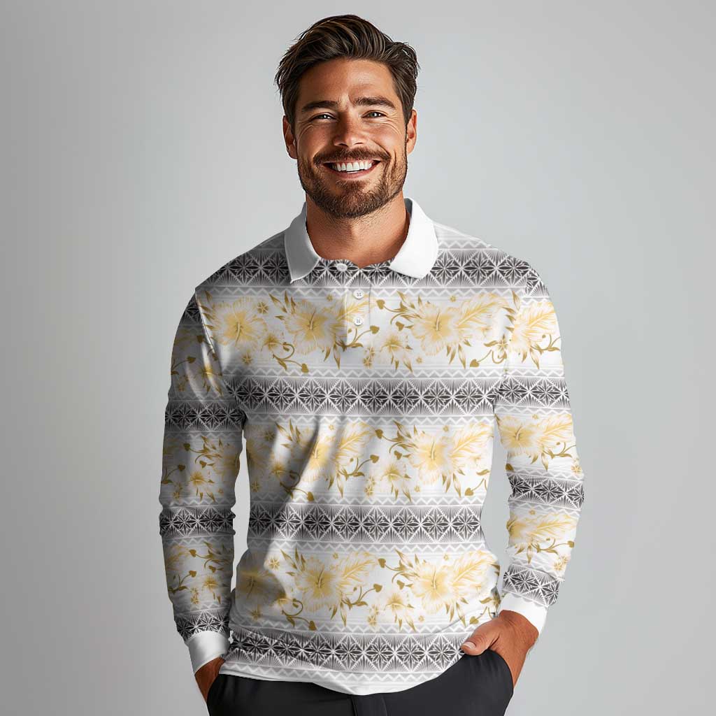 Samoa White Sunday Long Sleeve Polo Shirt Samoan Tapa Yellow Hibiscus - Polynesian Pride