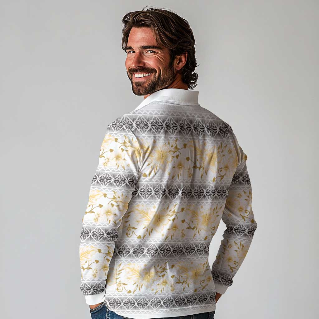 Samoa White Sunday Long Sleeve Polo Shirt Samoan Tapa Yellow Hibiscus - Polynesian Pride
