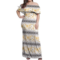 Samoa White Sunday Off Shoulder Maxi Dress Samoan Tapa Yellow Hibiscus - Polynesian Pride
