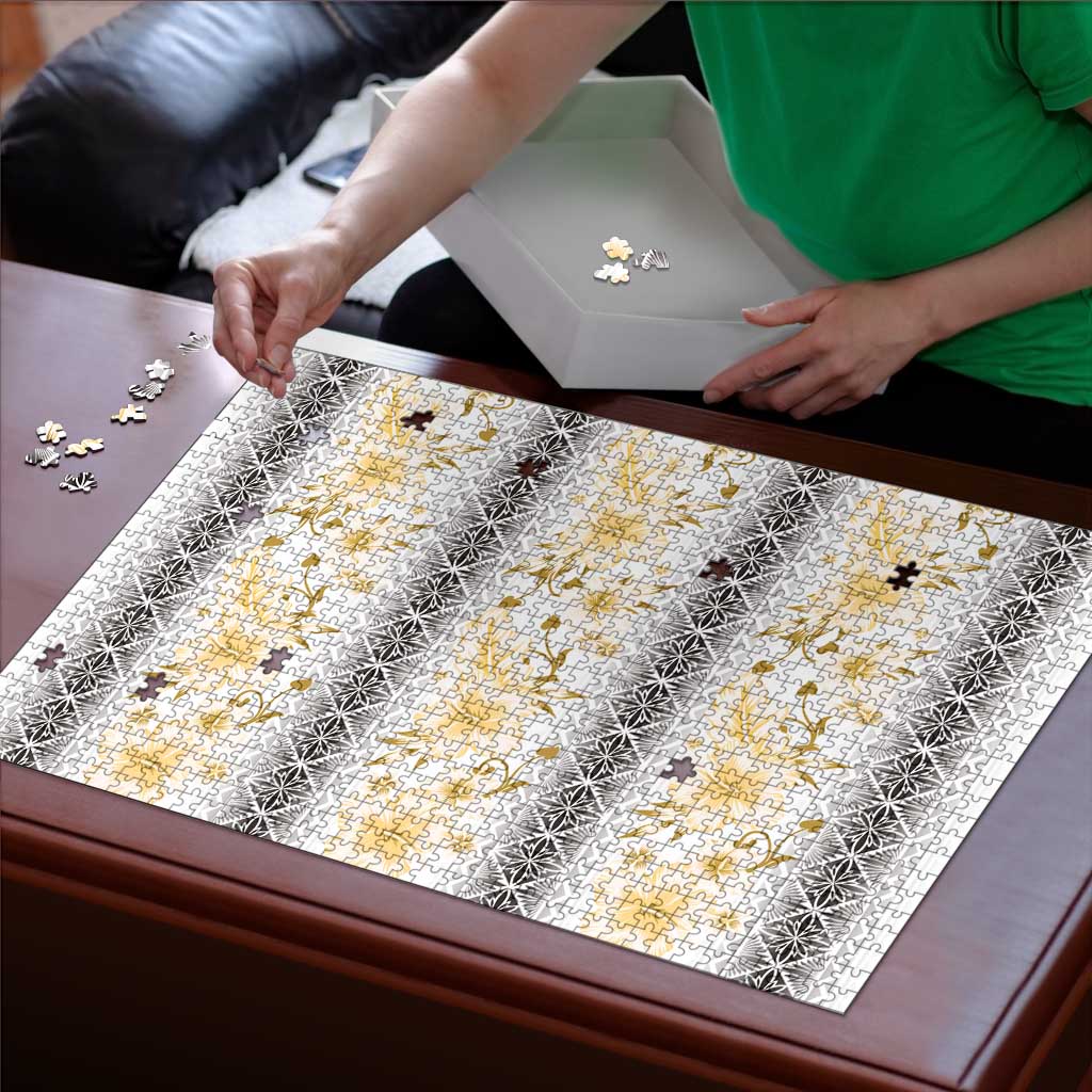 Samoa White Sunday Puzzle Samoan Tapa Yellow Hibiscus LT05 - Polynesian Pride