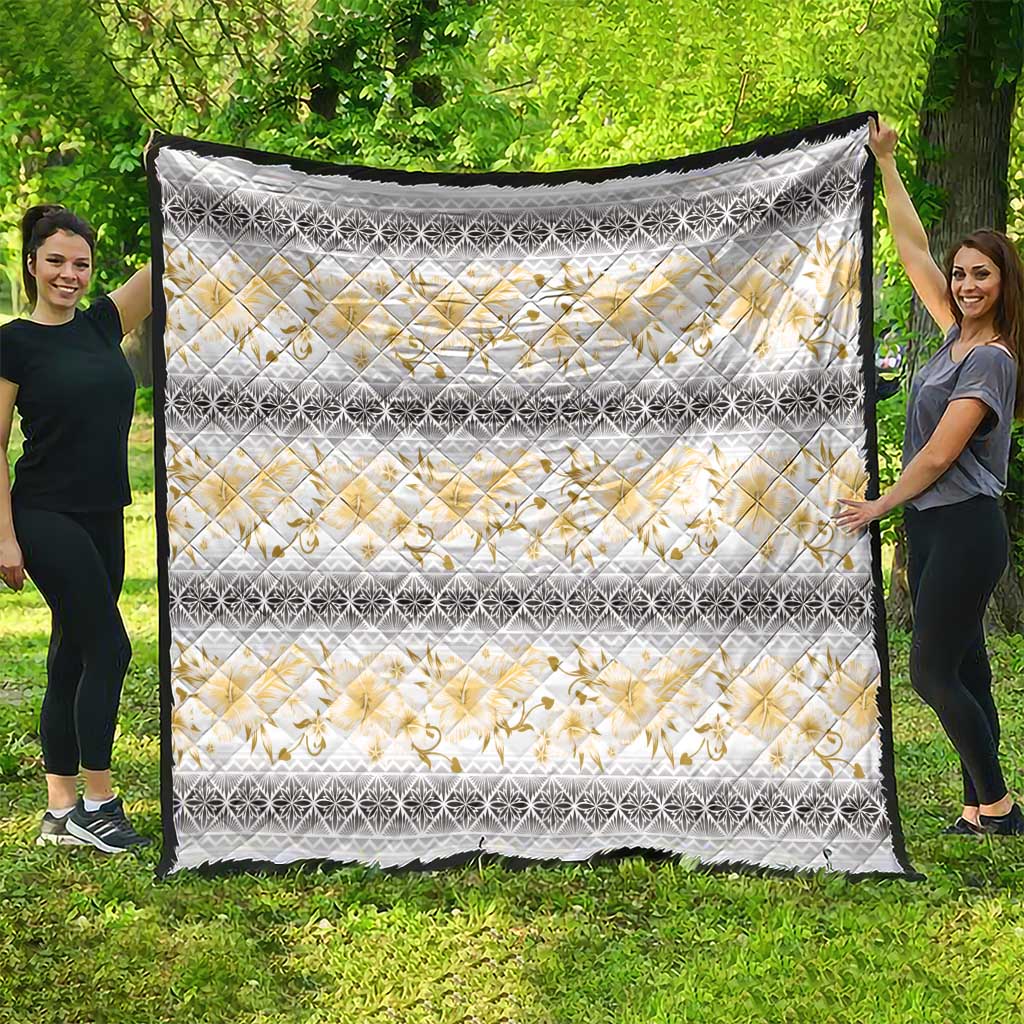 Samoa White Sunday Quilt Samoan Tapa Yellow Hibiscus - Polynesian Pride