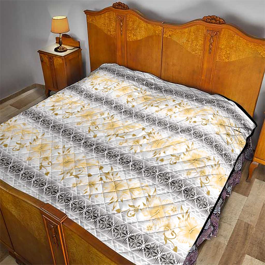 Samoa White Sunday Quilt Samoan Tapa Yellow Hibiscus - Polynesian Pride