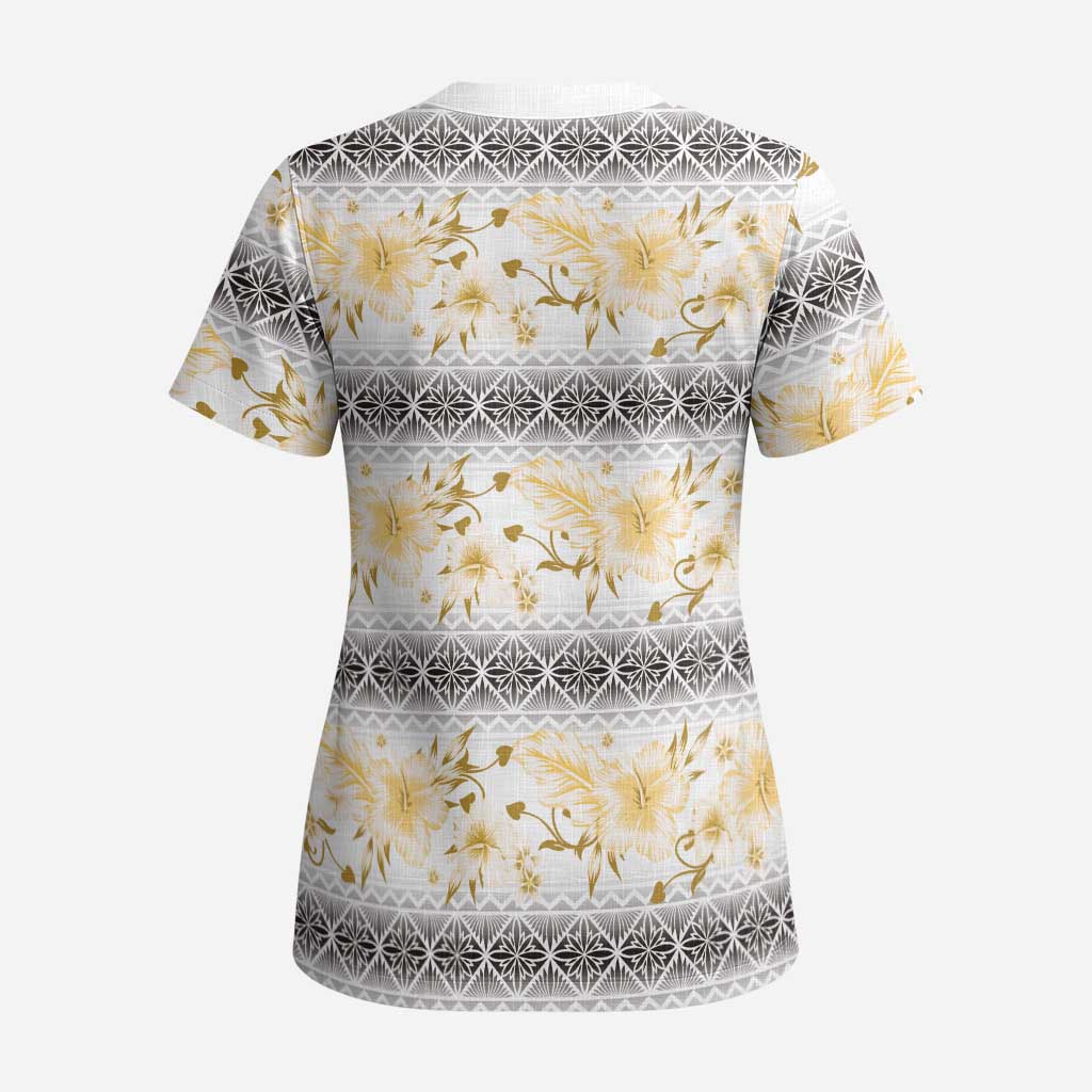 Samoa White Sunday Scrub Top Samoan Tapa Yellow Hibiscus - Polynesian Pride