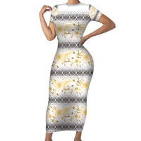 Samoa White Sunday Short Sleeve Bodycon Dress Samoan Tapa Yellow Hibiscus - Polynesian Pride