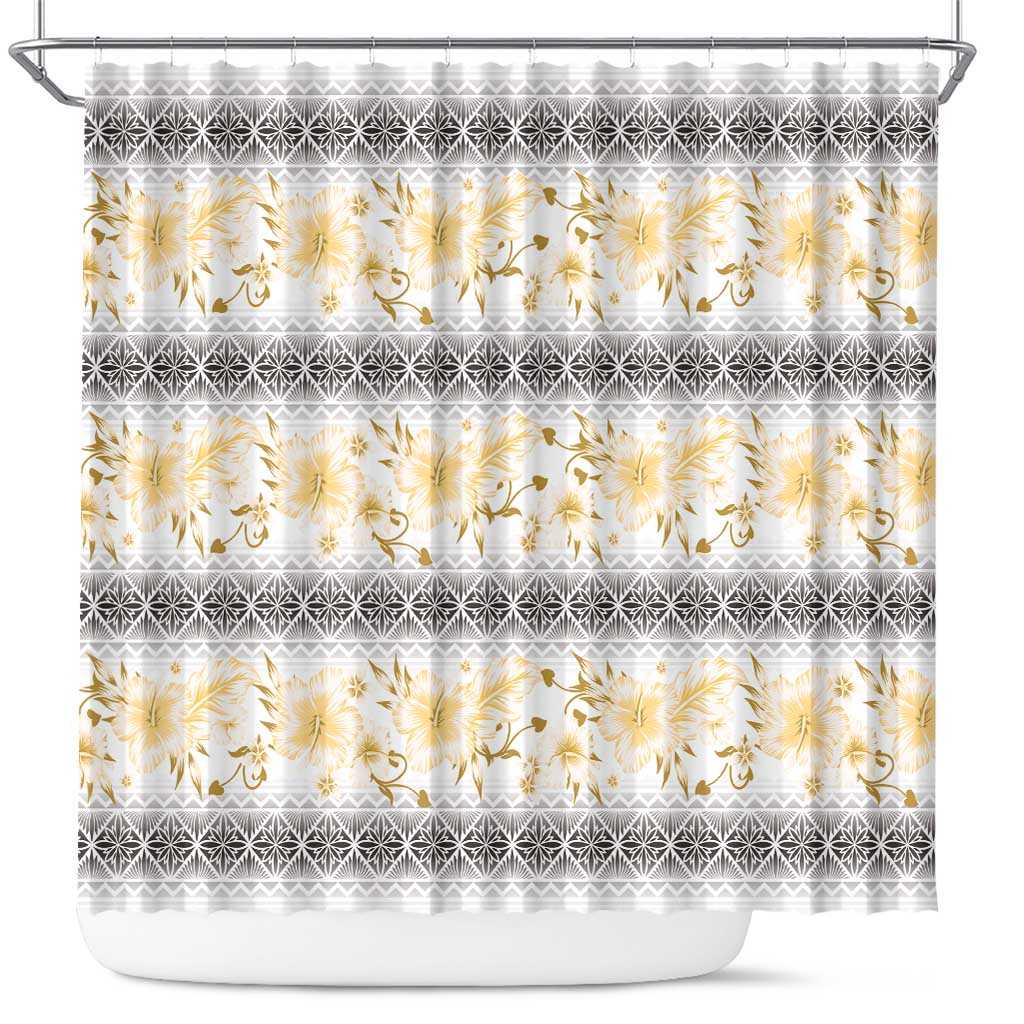 Samoa White Sunday Shower Curtain Samoan Tapa Yellow Hibiscus - Polynesian Pride