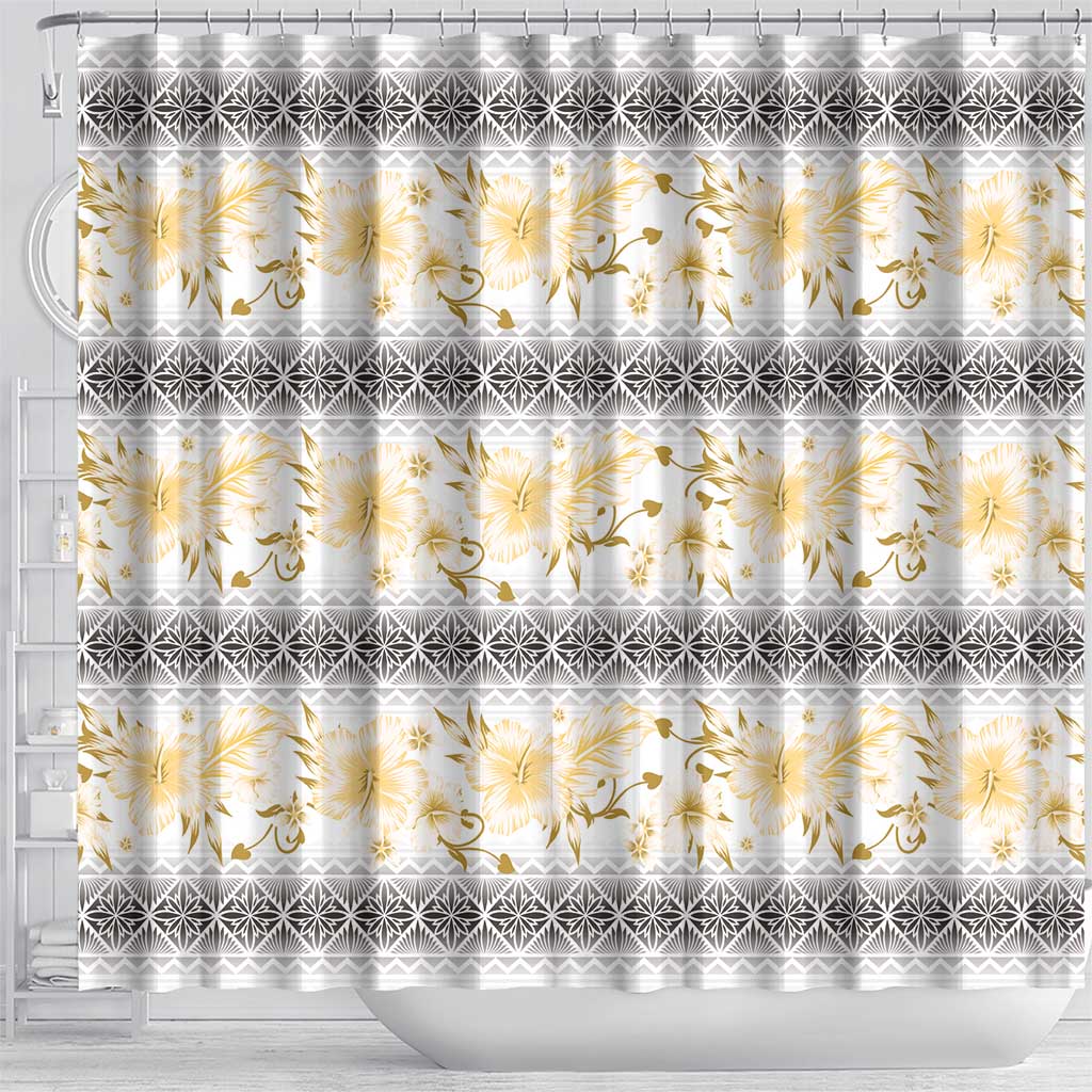 Samoa White Sunday Shower Curtain Samoan Tapa Yellow Hibiscus - Polynesian Pride