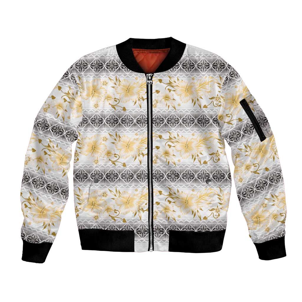 Samoa White Sunday Sleeve Zip Bomber Jacket Samoan Tapa Yellow Hibiscus - Polynesian Pride