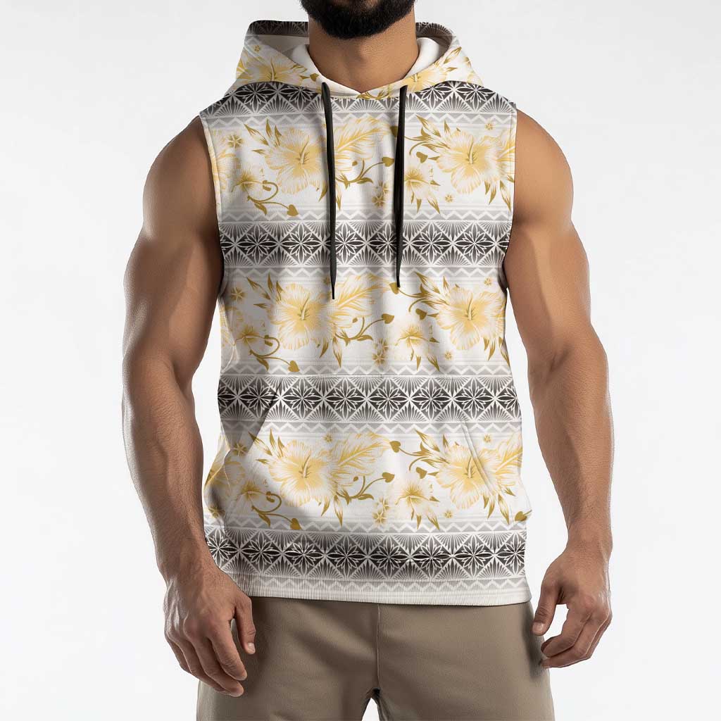 Samoa White Sunday Sleeveless Hoodie Samoan Tapa Yellow Hibiscus LT05 - Polynesian Pride