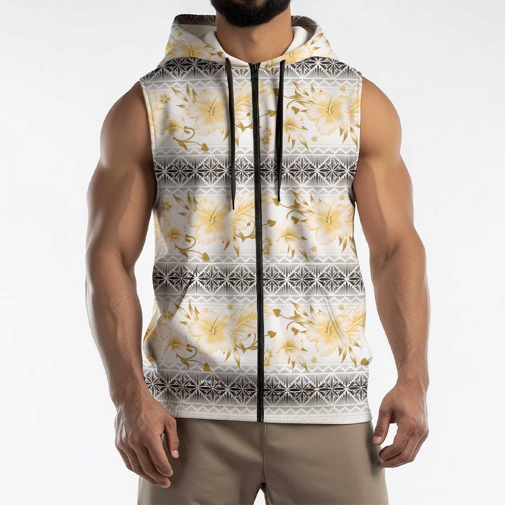 Samoa White Sunday Sleeveless Zip Hoodie Samoan Tapa Yellow Hibiscus LT05 - Polynesian Pride