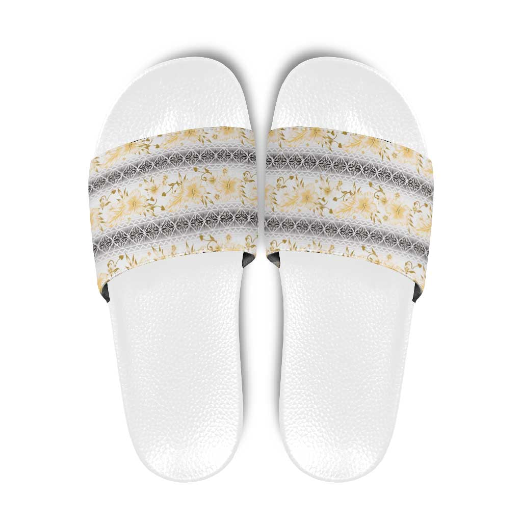 Samoa White Sunday Slide Sandals Samoan Tapa Yellow Hibiscus - Polynesian Pride
