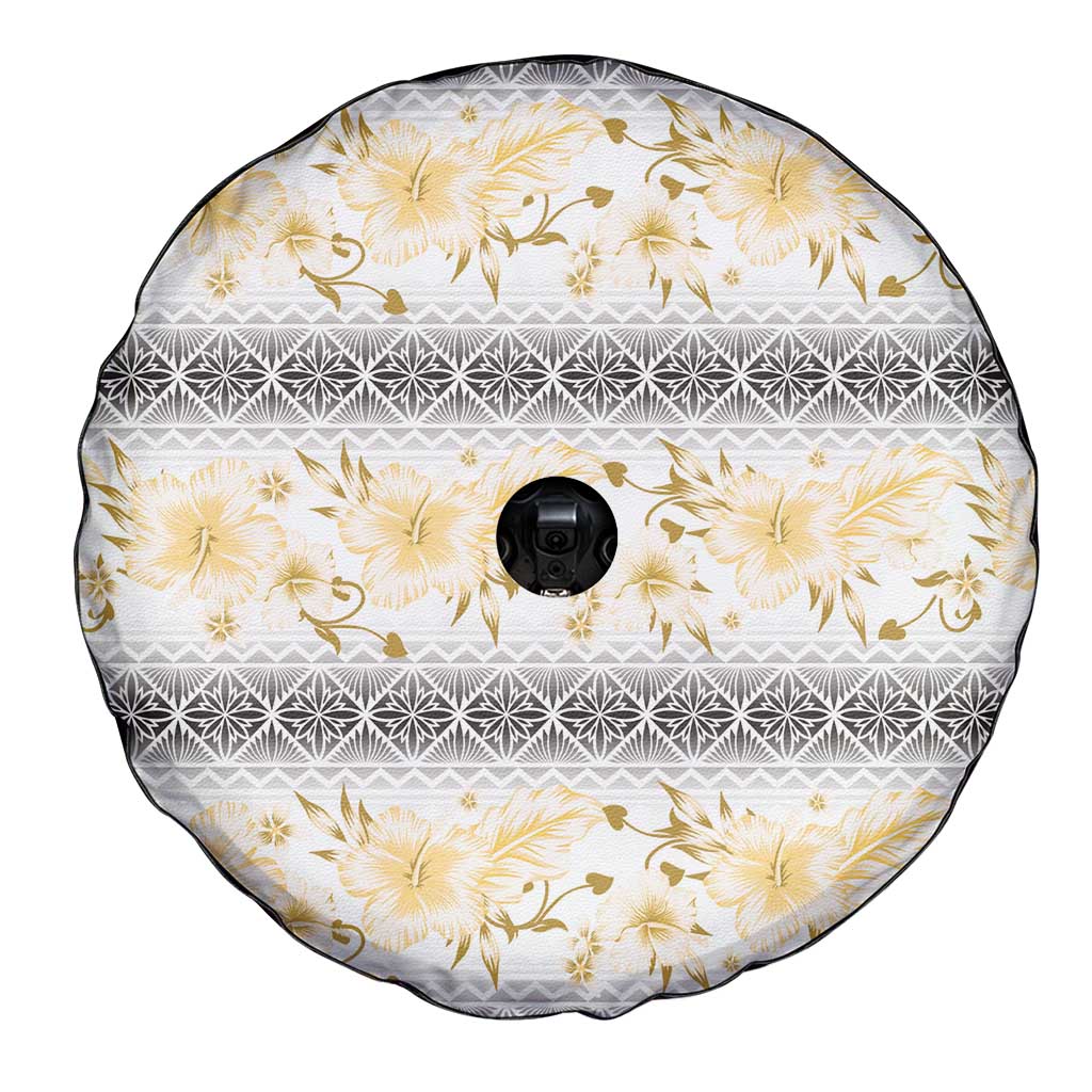 Samoa White Sunday Spare Tire Cover Samoan Tapa Yellow Hibiscus - Polynesian Pride