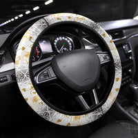 Samoa White Sunday Steering Wheel Cover Samoan Tapa Yellow Hibiscus - Polynesian Pride