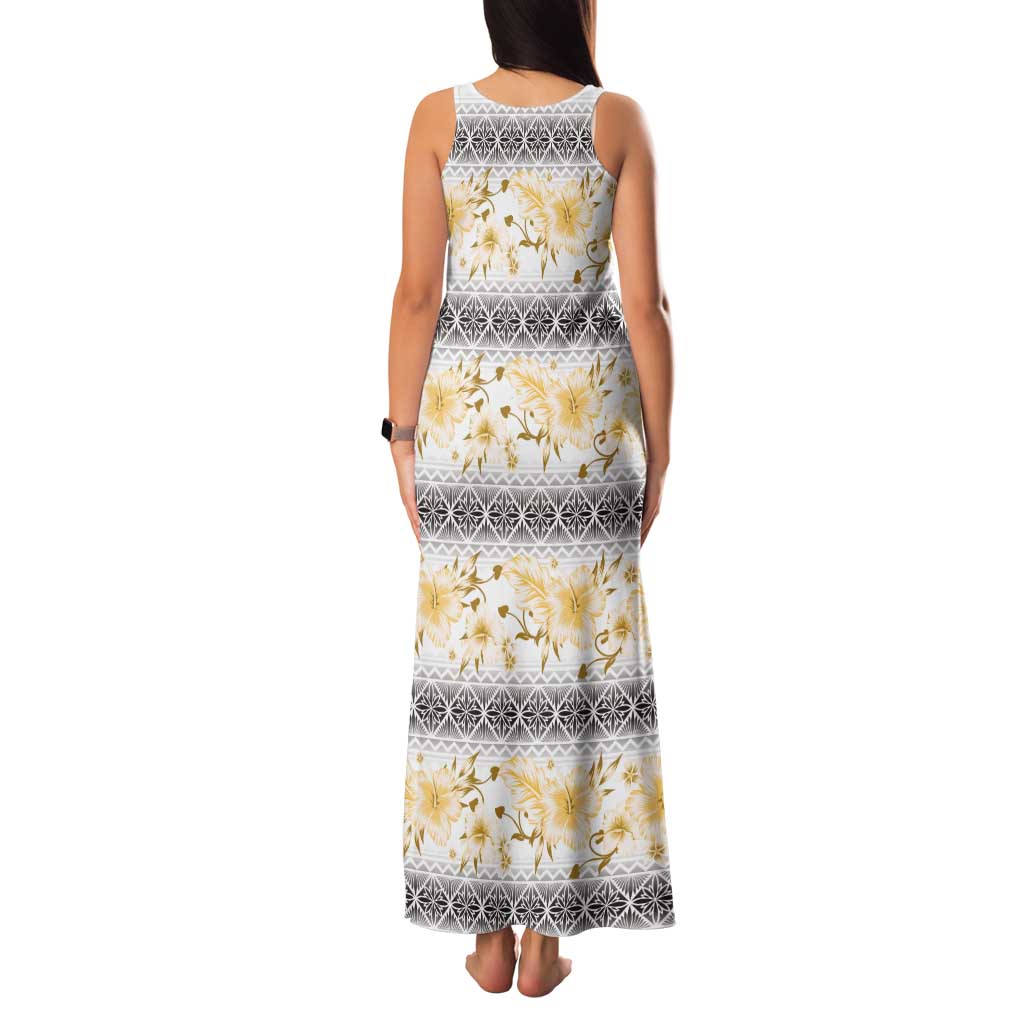 Samoa White Sunday Tank Maxi Dress Samoan Tapa Yellow Hibiscus - Polynesian Pride