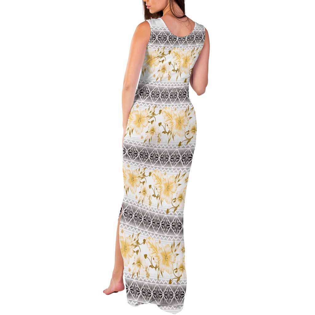 Samoa White Sunday Tank Maxi Dress Samoan Tapa Yellow Hibiscus - Polynesian Pride