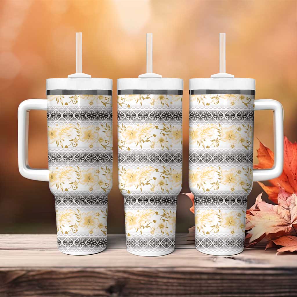 Samoa White Sunday Tumbler With Handle Samoan Tapa Yellow Hibiscus - Polynesian Pride