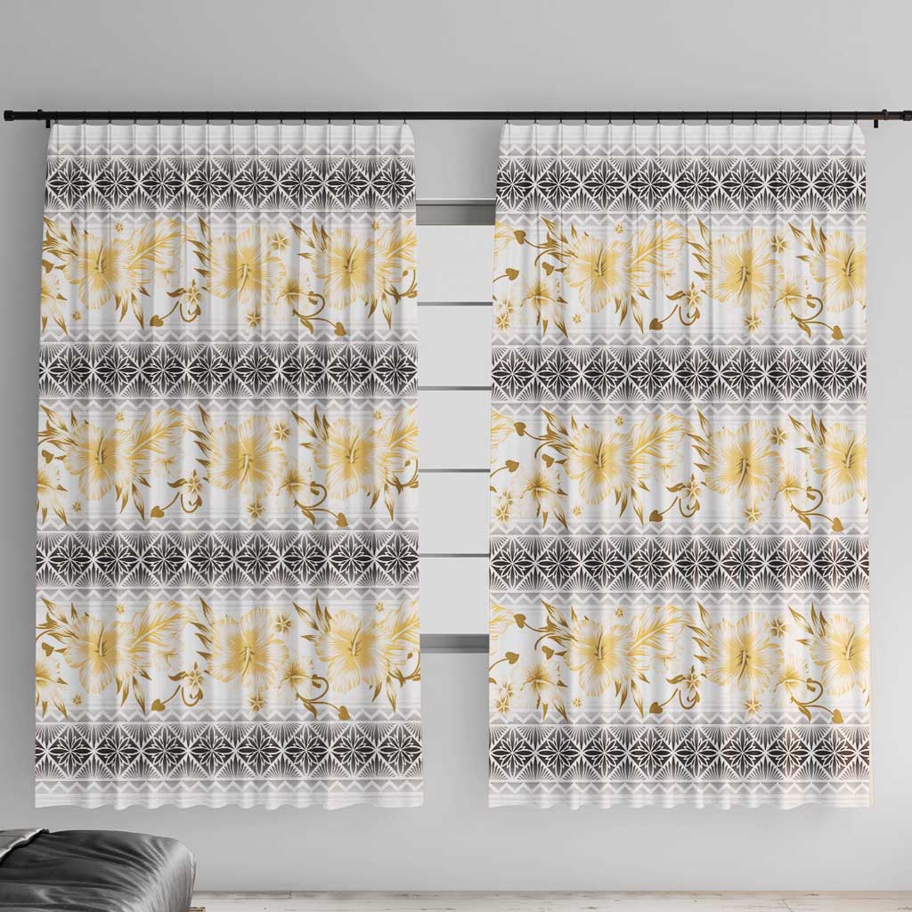 Samoa White Sunday Window Curtain Samoan Tapa Yellow Hibiscus - Polynesian Pride